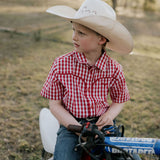 Albie deep red short sleeve shirt front view showing classic deep red check boys shirt