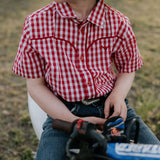 Albie deep red short sleeve shirt fabric close-up showing quality deep red fabric