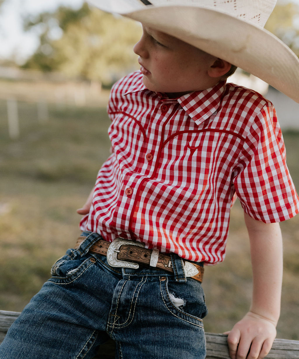 Albie deep red short sleeve shirt back view showing relaxed boys fit in rich deep red