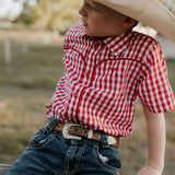 Albie deep red short sleeve shirt back view showing relaxed boys fit in rich deep red
