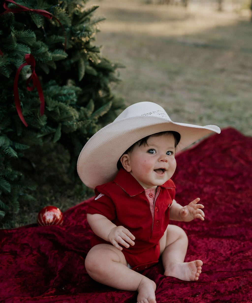 Nicco Baby deep red polo romper front view showing adorable deep red polo romper for baby