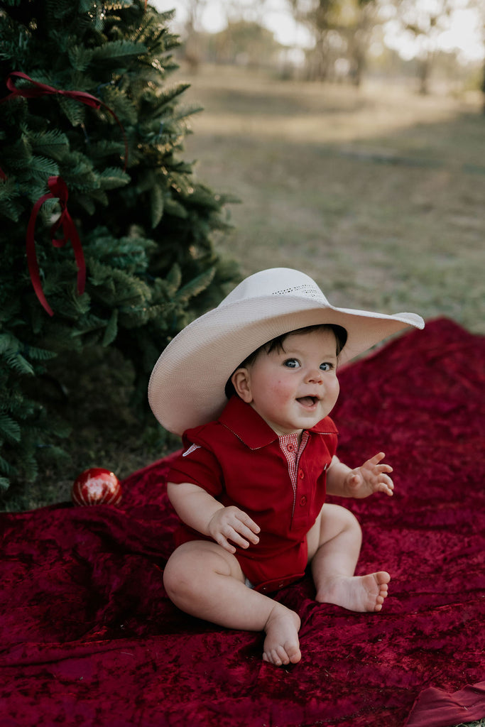 "Nicco Baby" Deep Red Baby Polo Romper-Little Windmill Clothing Co