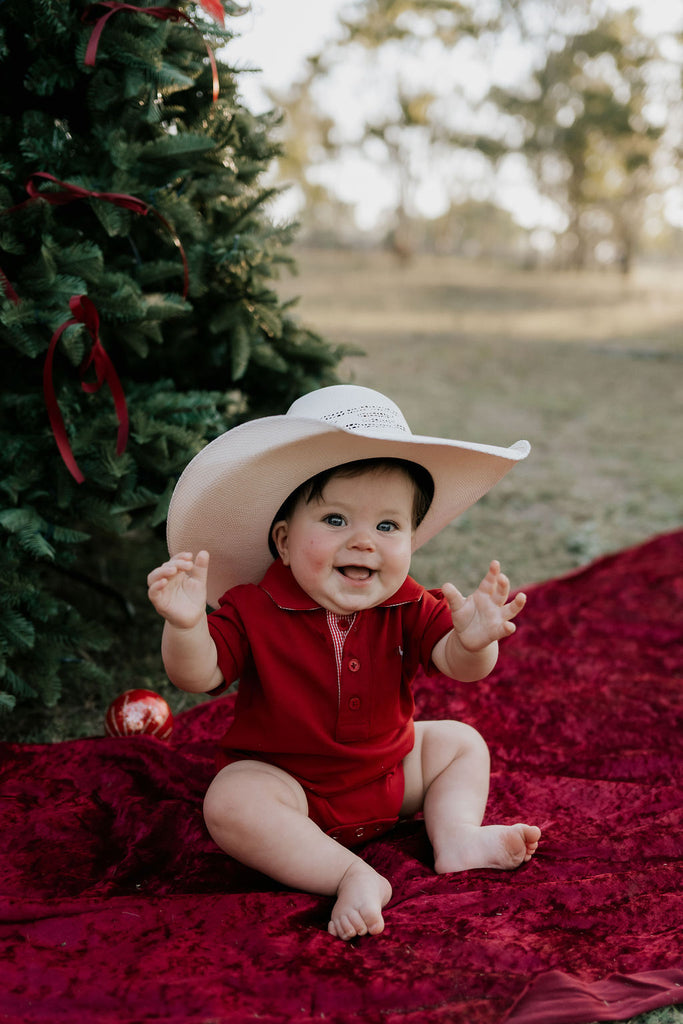 "Nicco Baby" Deep Red Baby Polo Romper-Little Windmill Clothing Co