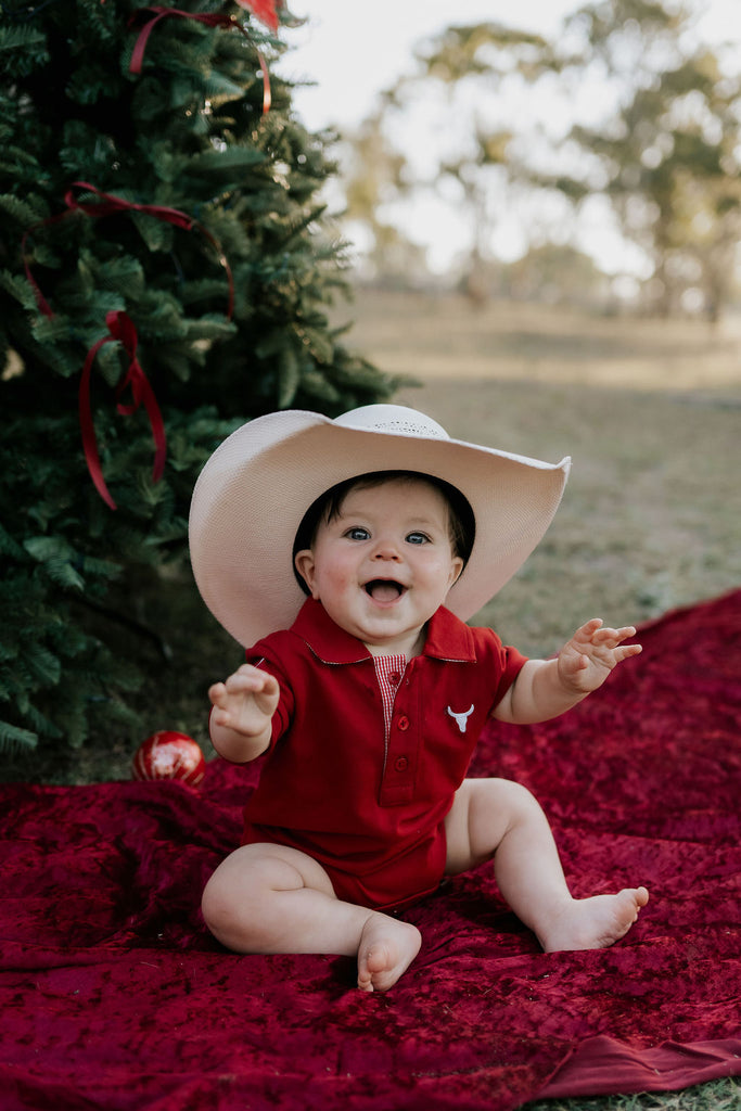 "Nicco Baby" Deep Red Baby Polo Romper-Little Windmill Clothing Co