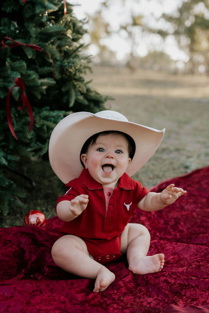 "Nicco Baby" Deep Red Baby Polo Romper-Little Windmill Clothing Co