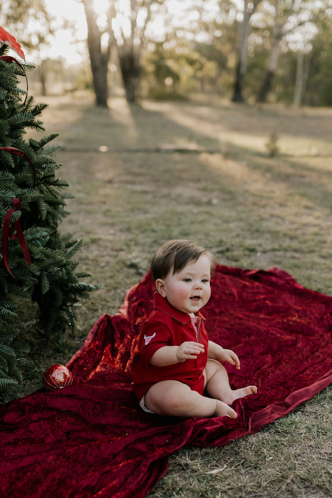 "Nicco Baby" Deep Red Baby Polo Romper-Little Windmill Clothing Co