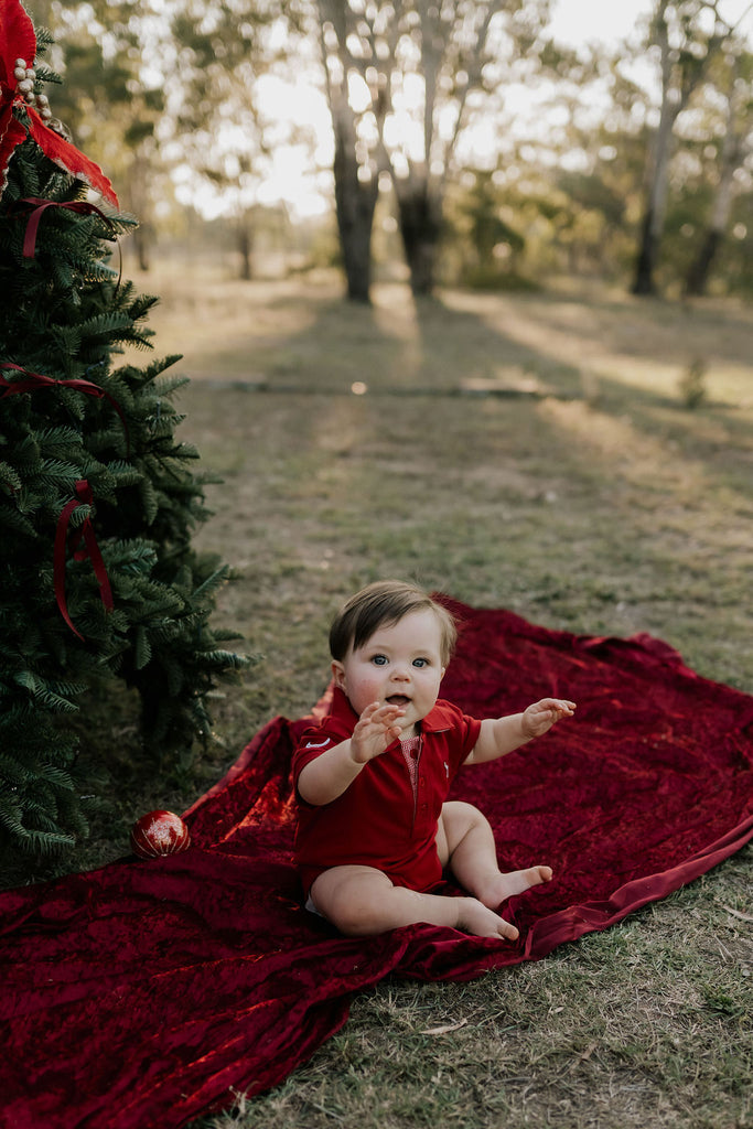 "Nicco Baby" Deep Red Baby Polo Romper-Little Windmill Clothing Co