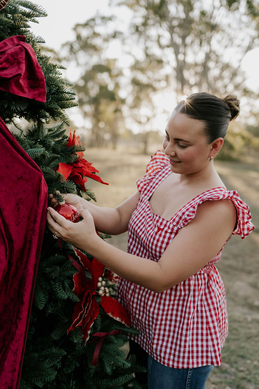 Darla deep red gingham women's shirt flatlay showing full shirt design in deep red gingham