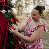 Darla deep red gingham women's shirt flatlay showing full shirt design in deep red gingham