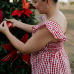 Darla deep red gingham women's shirt worn showing stylish country casual women's look