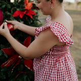 Darla deep red gingham women's shirt worn showing stylish country casual women's look