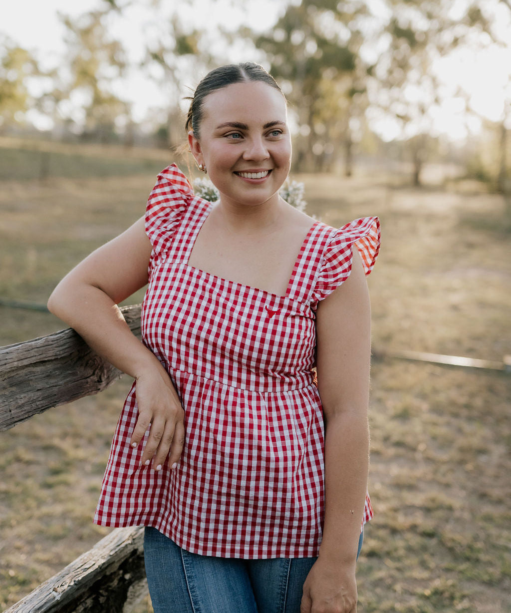 Darla deep red gingham women's shirt front view showing classic deep red gingham women's shirt