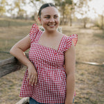 Darla deep red gingham women's shirt front view showing classic deep red gingham women's shirt