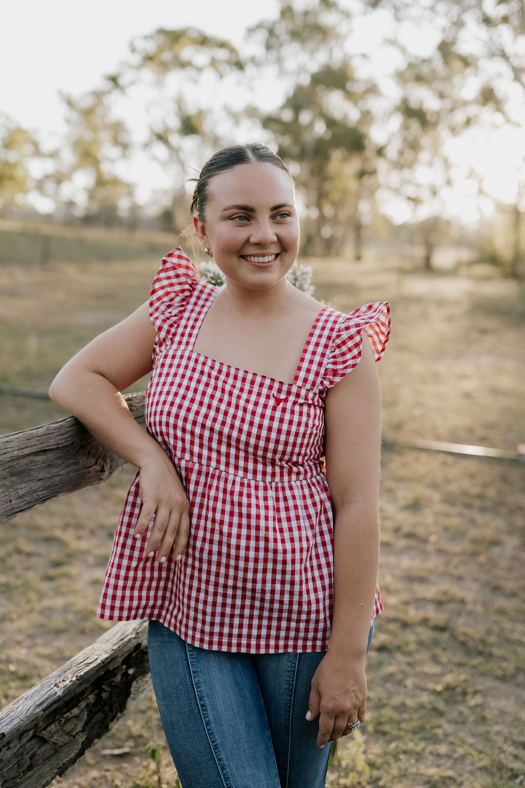 Darla deep red gingham women's shirt front view showing classic deep red gingham women's shirt