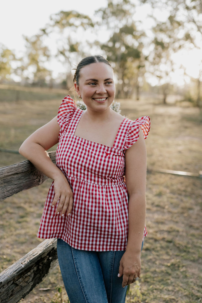 "Darla" Deep Red Gingham Women's Shirt-Little Windmill Clothing Co