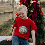 Western printed Christmas cow tee detail showing vibrant holiday western print quality