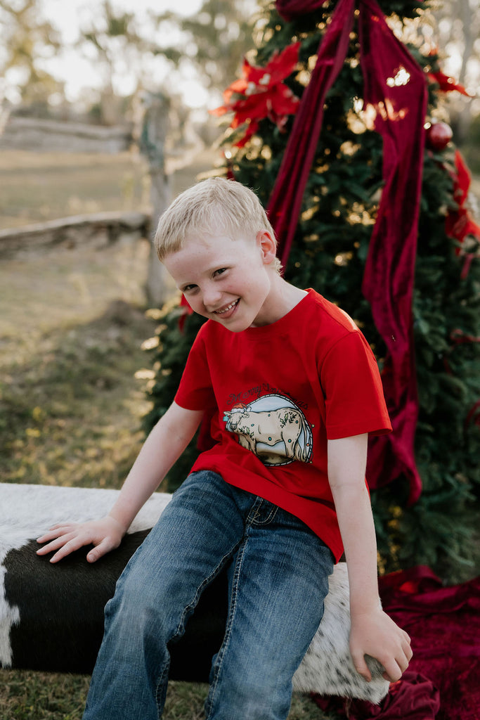 Western Printed Christmas Cow Tee-Little Windmill Clothing Co
