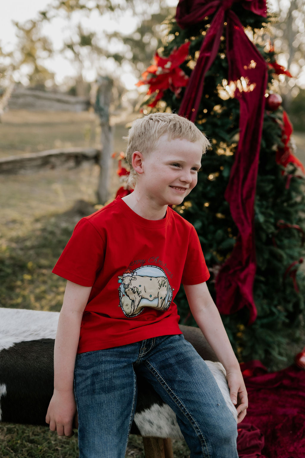 Western printed Christmas cow tee worn showing fun festive Christmas cow graphic on quality tee