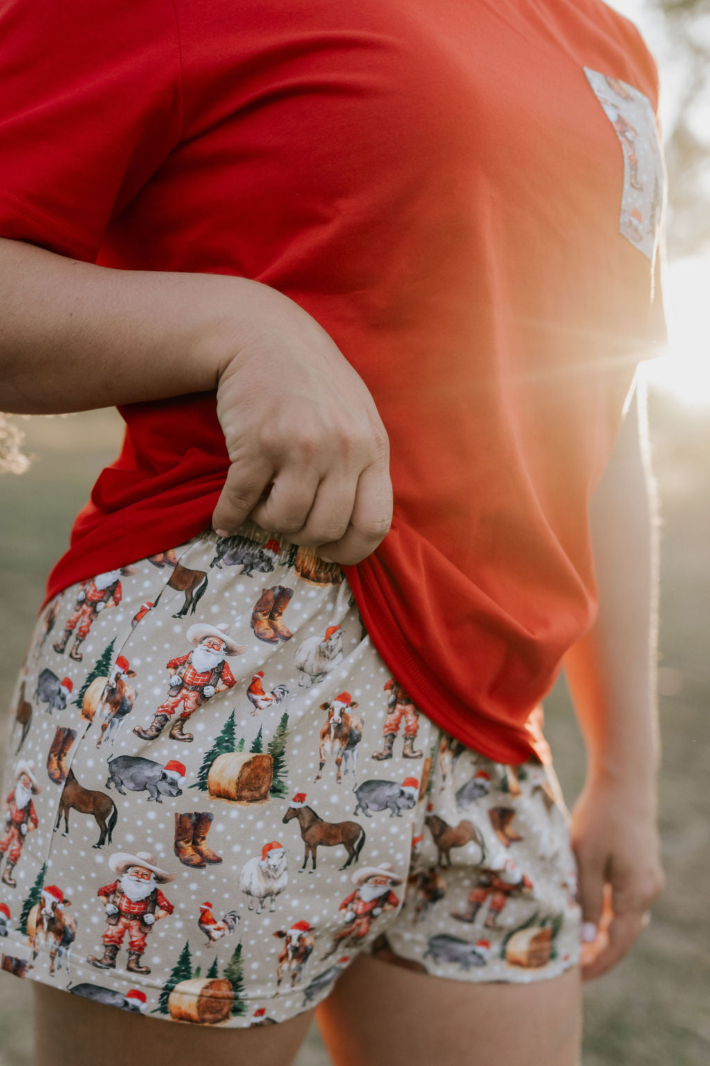 Ladies Western Christmas PJ set showing women's pyjama pants detail in holiday western print