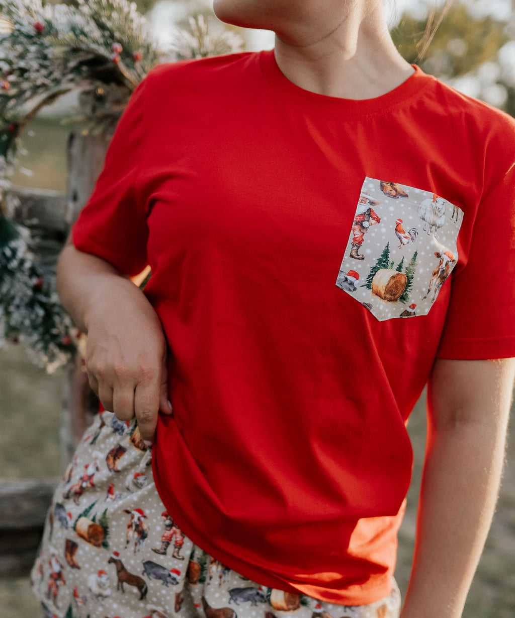 Ladies Western Christmas PJ set flatlay showing festive western print women's pyjama top and pants