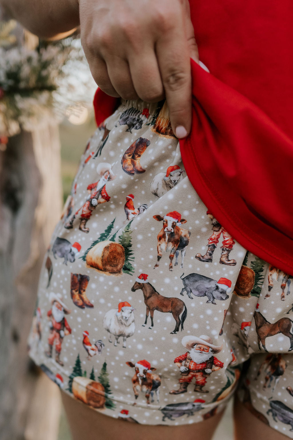 Western Christmas PJ set fabric detail showing soft quality material and vibrant festive print