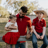 Deep red polo shirt collar detail showing classic polo neckline in rich deep red