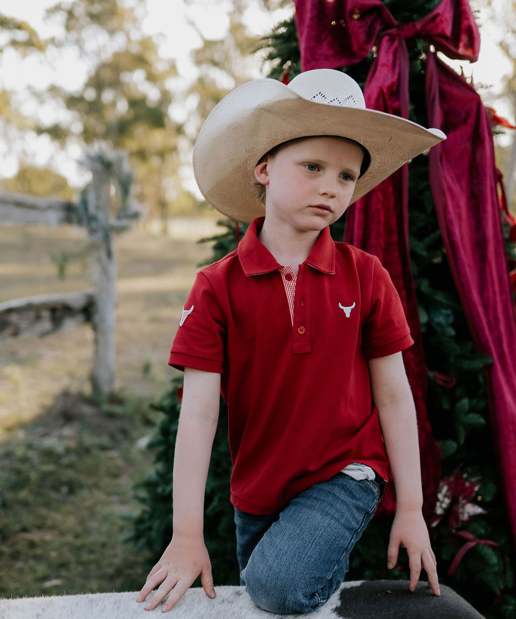 Nick deep red boys polo shirt back view showing neat polo fit in rich deep red