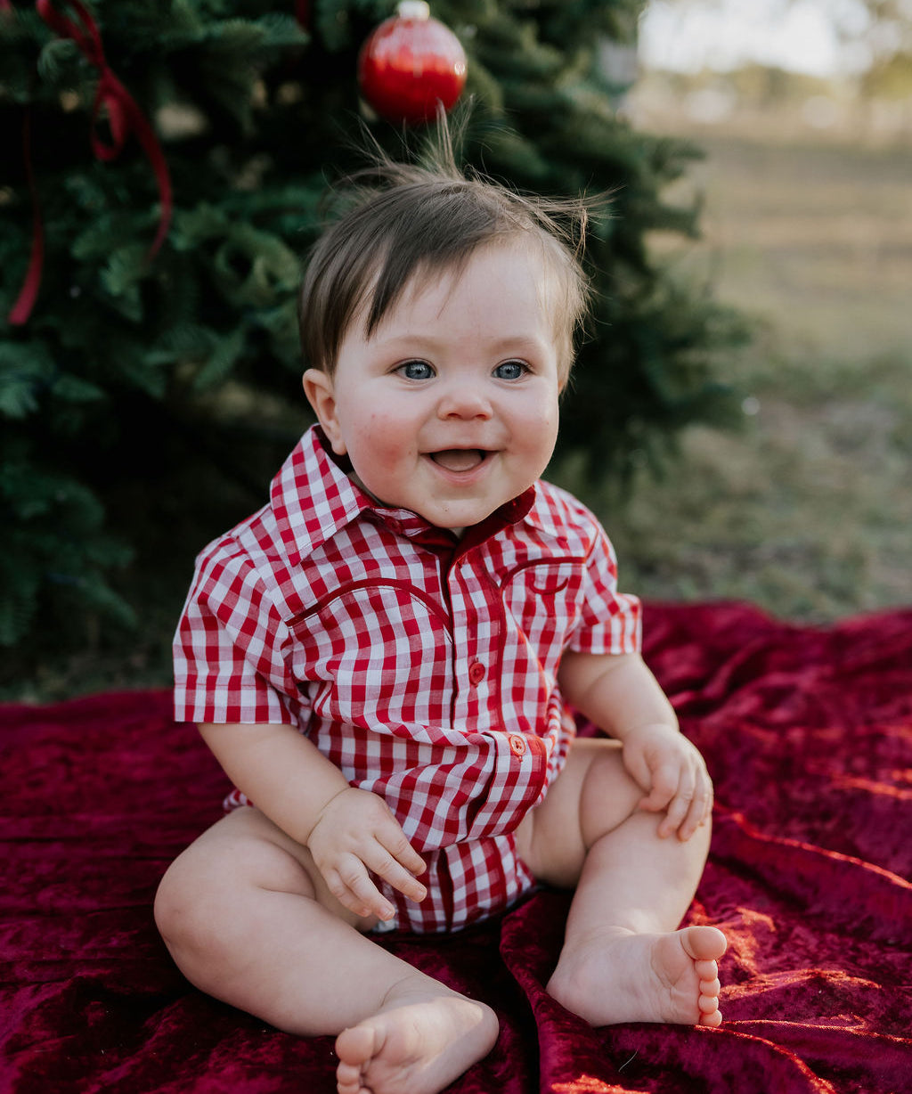 Barnley deep red checked short sleeve romper front view showing classic check romper for toddlers