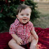 Barnley deep red checked short sleeve romper front view showing classic check romper for toddlers
