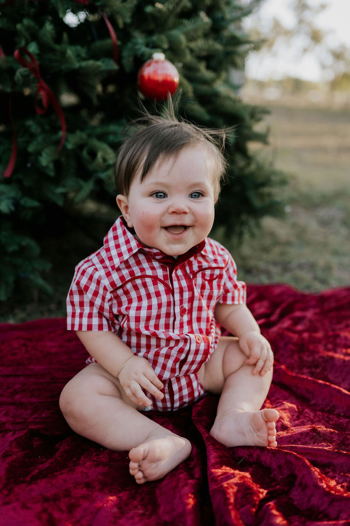 "Barnley" Deep Red Checked Short Sleeve Romper-Little Windmill Clothing Co