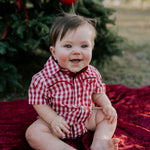 Albie deep red short sleeve shirt side view showing relaxed boy's shirt silhouette