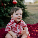 Barnley deep red checked short sleeve romper flatlay showing full romper design in deep red check