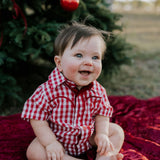 Barnley deep red checked short sleeve romper worn by toddler showing sweet country western style