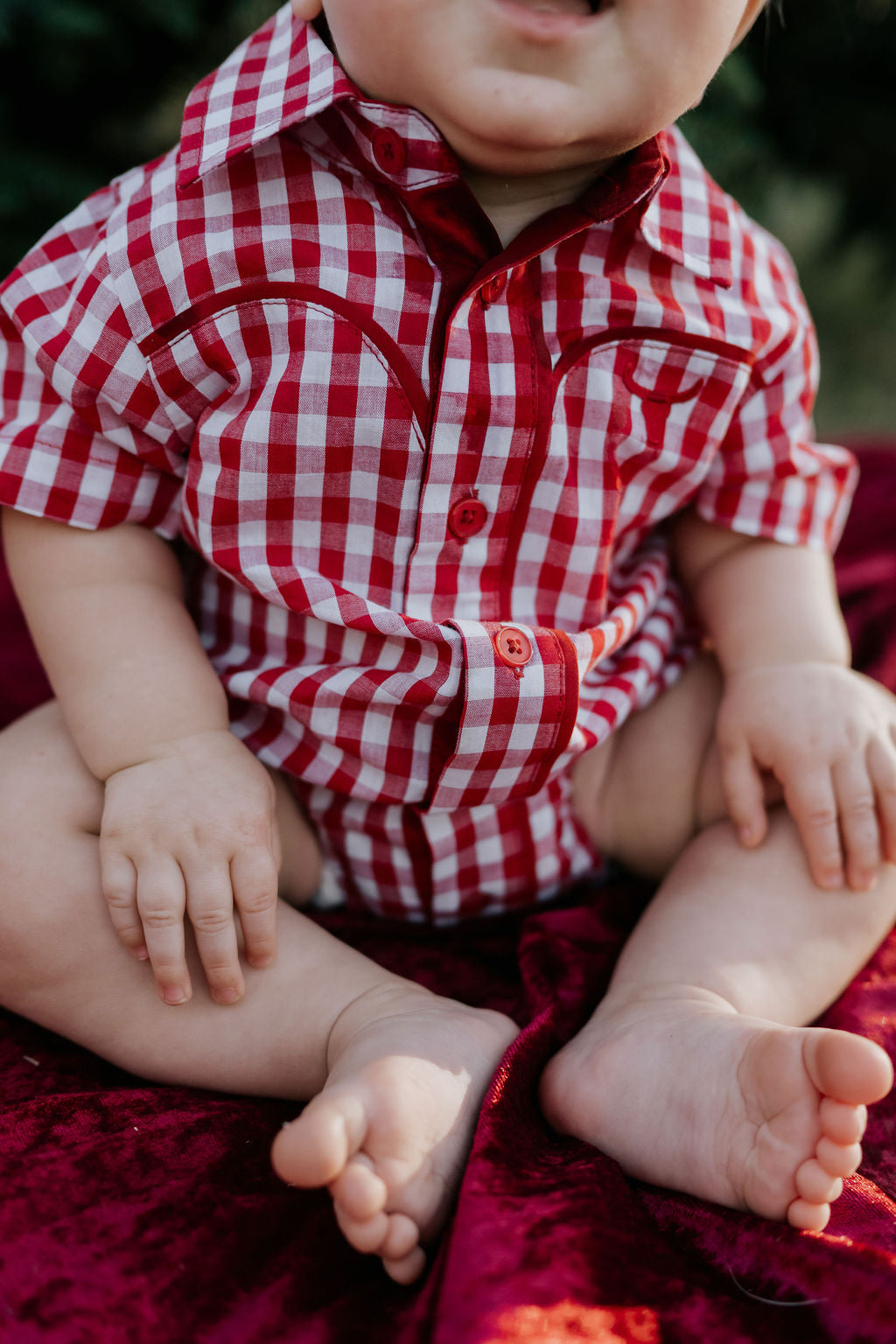 Albie deep red short sleeve shirt pocket detail showing chest pocket and stitching quality