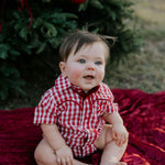 Barnley deep red checked short sleeve romper snap detail showing quality press stud closure