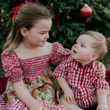 Barnley deep red checked short sleeve romper collar detail showing neat collar finish