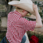 Albie deep red short sleeve shirt flatlay showing full button-up shirt design in deep red