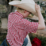 Albie deep red short sleeve shirt flatlay showing full button-up shirt design in deep red