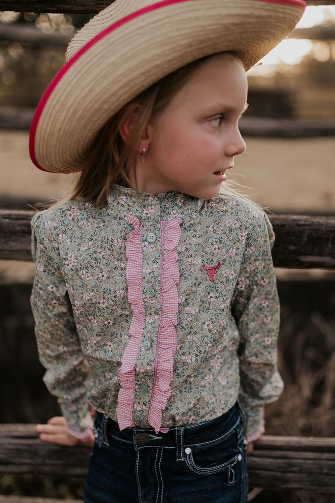 "Connie" Fancy Floral Ruffle Collared Fronted Shirt-Little Windmill Clothing Co