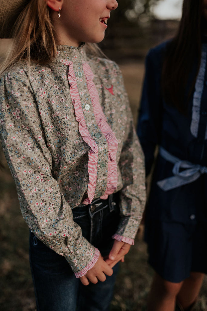 "Connie" Fancy Floral Ruffle Collared Fronted Shirt-Little Windmill Clothing Co