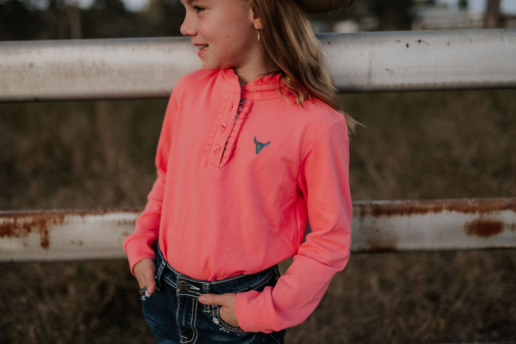 "Rebecca" Coral Pink Contrast Long Sleeve Polo-Little Windmill Clothing Co