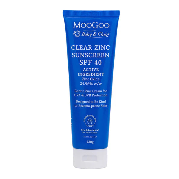 MooGoo Baby Clear Zinc Sunscreen SPF 40 tube for sensitive baby skin with natural oils and hypoallergenic formula