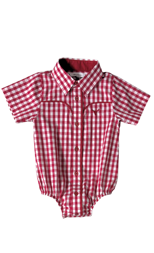 "Barnley" Deep Red Checked Short Sleeve Romper-Little Windmill Clothing Co