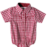 "Barnley" Deep Red Checked Short Sleeve Romper-Little Windmill Clothing Co