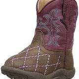 Cowbaby criss cross raspberry roper boots showing sweet baby western boots in raspberry pink with criss cross detail