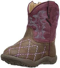 Cowbaby criss cross raspberry roper boots showing sweet baby western boots in raspberry pink with criss cross detail