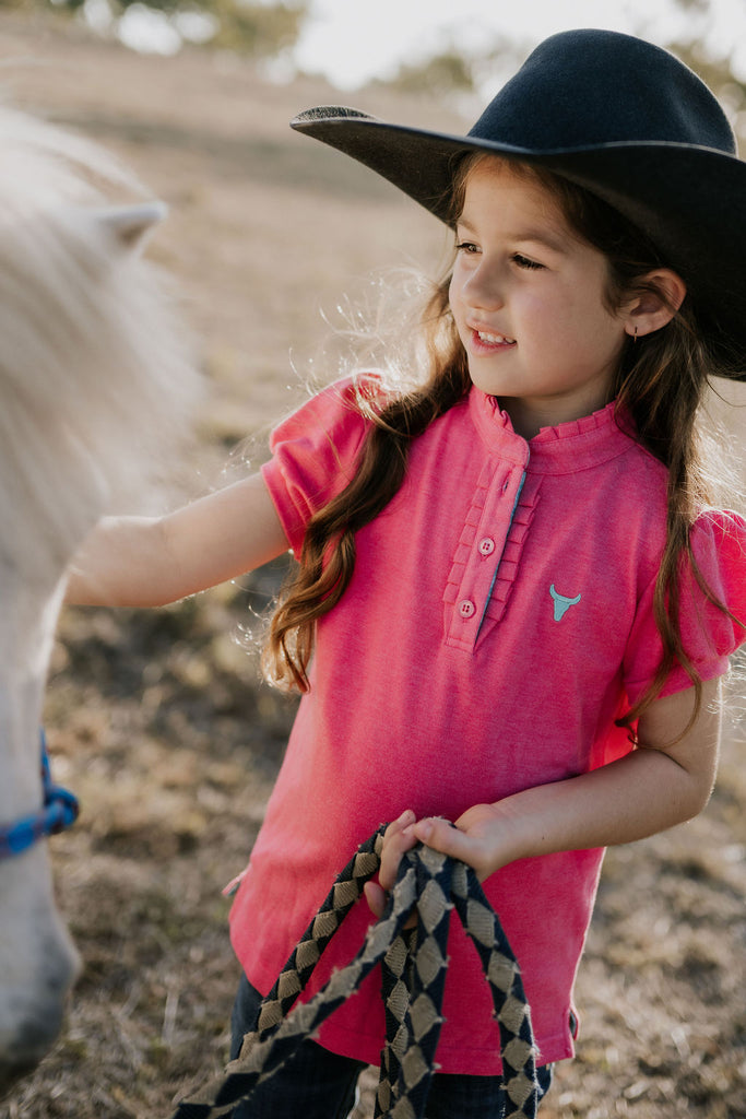 "Bree Jnr" Pink Ruffle Contrast Polo-Little Windmill Clothing Co