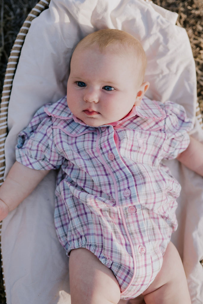 "Vienna Baby" Checked Short sleeve Blouse Romper-Little Windmill Clothing Co