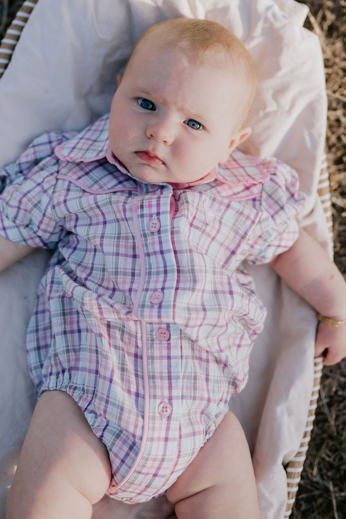 "Vienna Baby" Checked Short sleeve Blouse Romper-Little Windmill Clothing Co