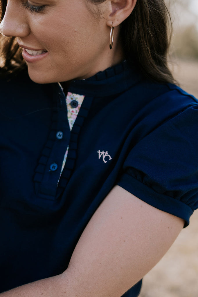 "Harmony" Navy Yellow toned Floral Relax Fitted Women's Contrast Polo-Little Windmill Clothing Co